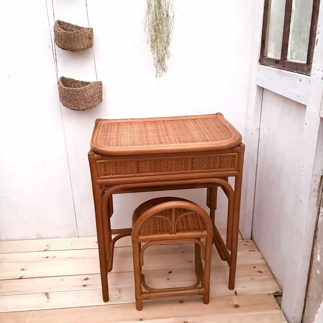 ラタン　籐　シンプル　レトロなドレッサー　椅子付き　鏡台　昭和レトロ
