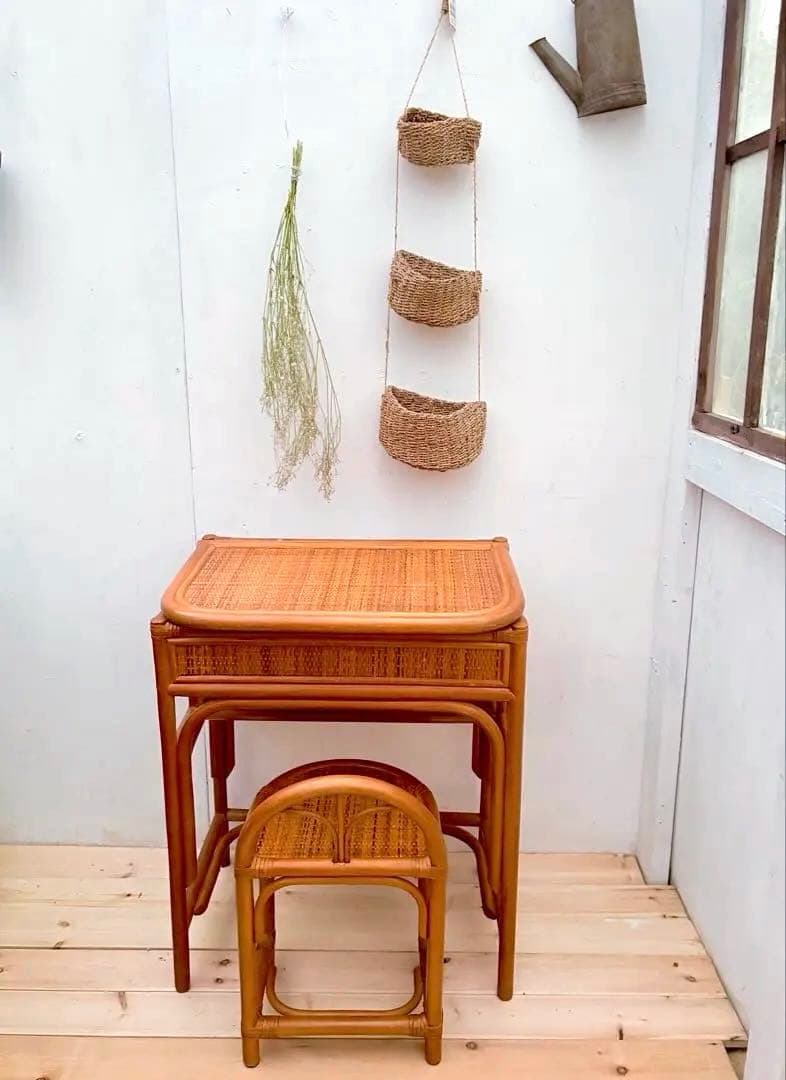 ラタン　籐　シンプル　レトロなドレッサー　椅子付き　鏡台　昭和レトロ