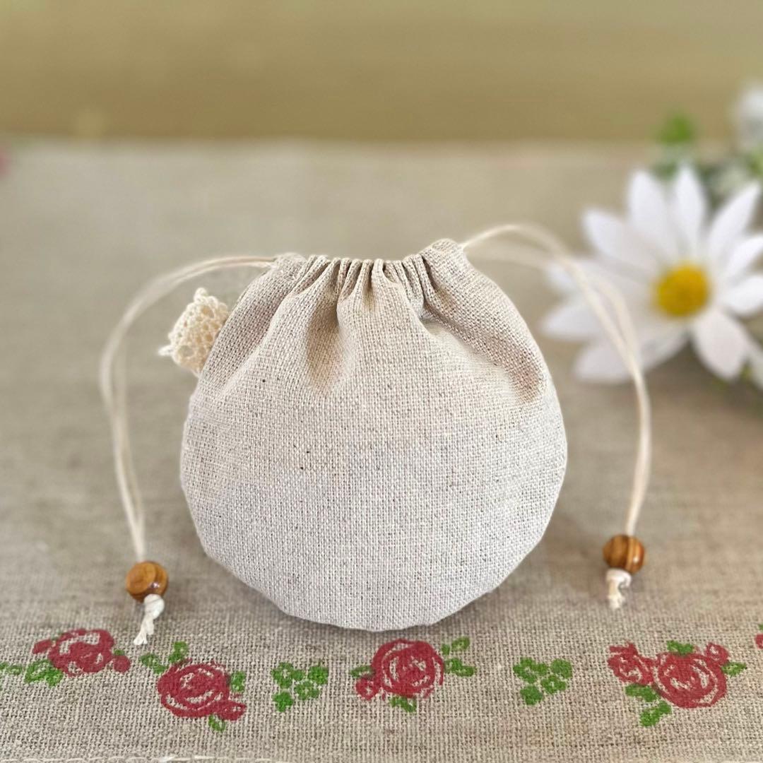 2401-35 手のひら巾着サシェ 香り袋 綿麻 レース 刺繍 ローズ オレンジ
