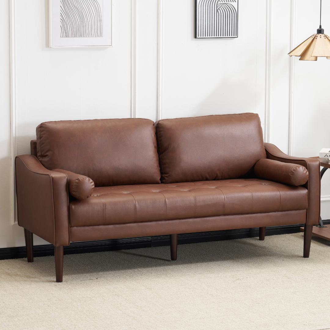 ブラウン ソファー 3人掛け カウチソファ リビングソファ PUレザータイプ