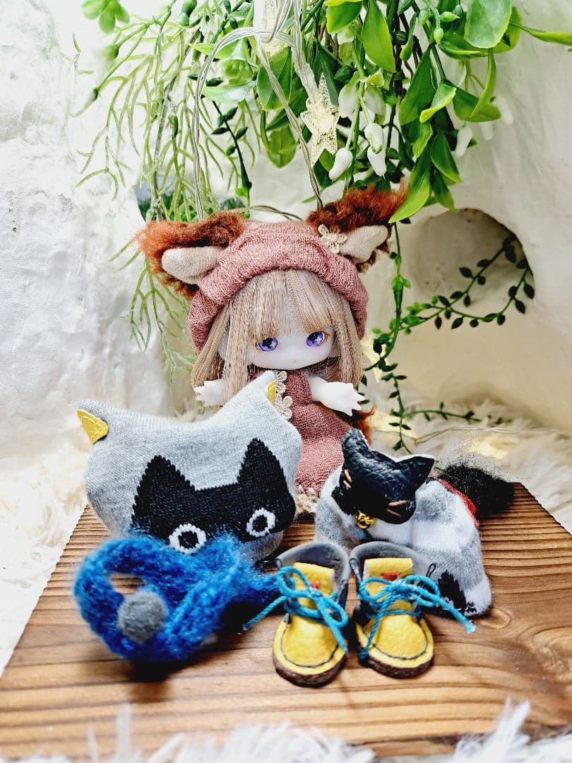☆子犬わたあめ用☆ニット帽＋しっぽサロペット＋たっち靴＋α☆４点セット☆