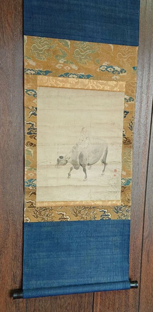 渡辺華山牛と人物の水墨画 掛軸A429