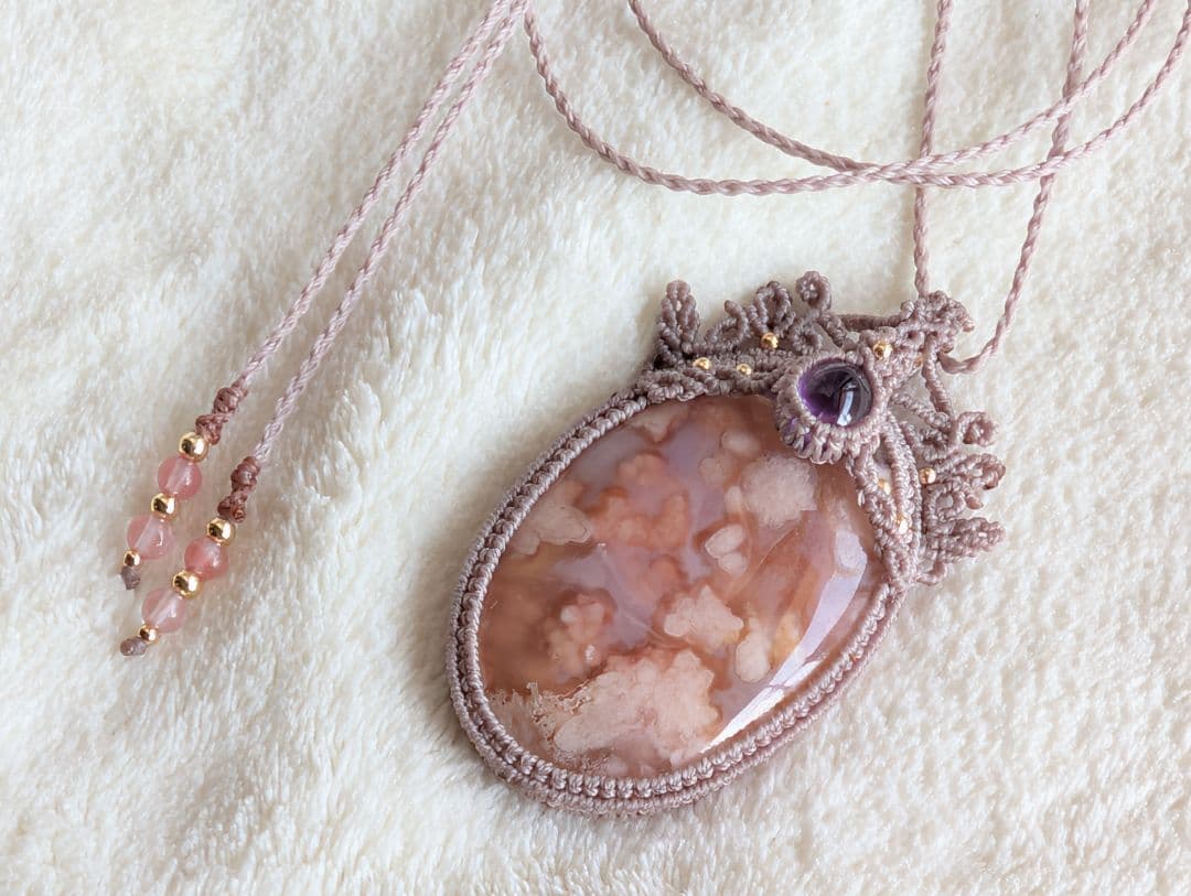 マクラメネックレス 桜瑪瑙/アメジスト