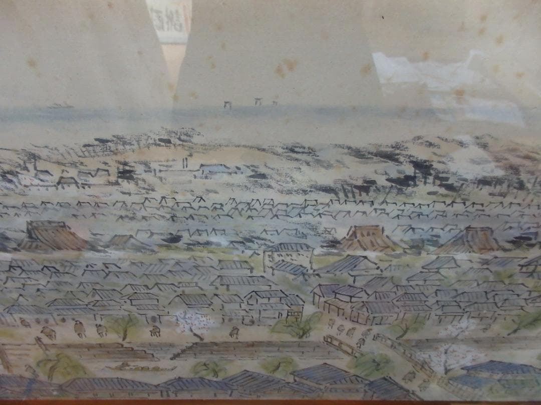 新潟昔の風景画家　高橋五仙子思い出の新潟百景『西堀通』紙本 額装(扁額)直筆保証