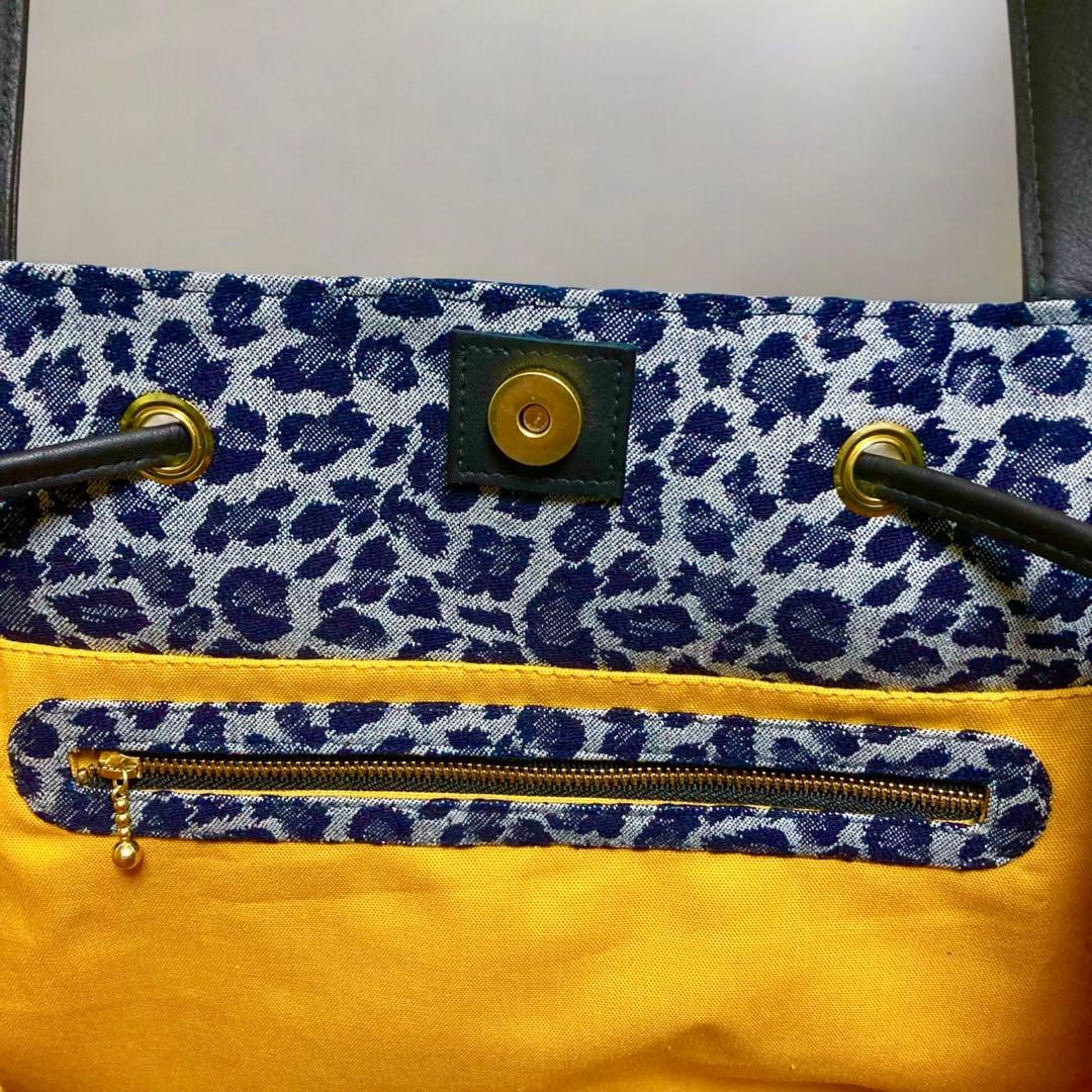 【一点物】本革×岡山デニム レオパード巾着トート　A4収納・軽量・大容量