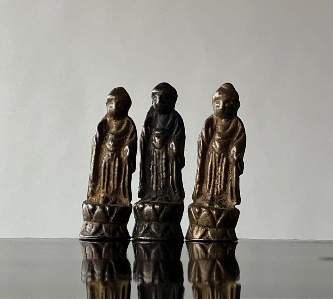 【巡る祈り 極小 阿弥陀如来像 約2㎝ 三体 江戸〜明治頃】豆仏 仏像お守り護符