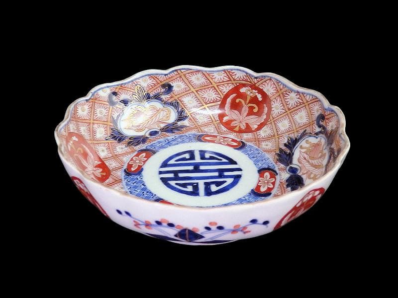 古伊万里　金襴手　菊花四方襷紋に吉祥紋の図　膾皿　2客　D960AS-fbtt