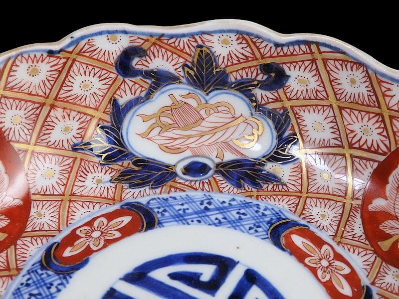 古伊万里　金襴手　菊花四方襷紋に吉祥紋の図　膾皿　2客　D960AS-fbtt