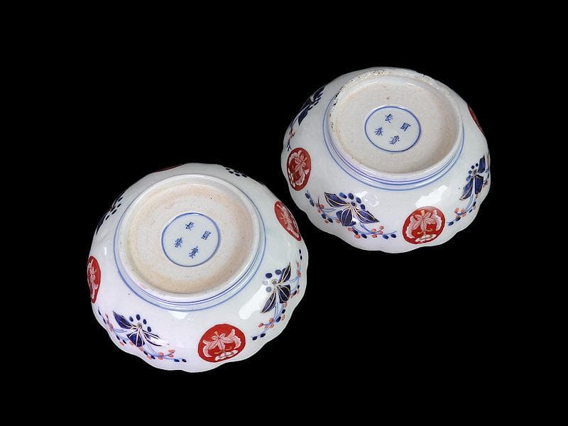 古伊万里　金襴手　菊花四方襷紋に吉祥紋の図　膾皿　2客　D960AS-fbtt