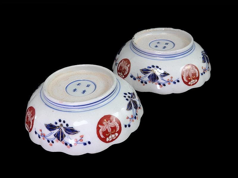 古伊万里　金襴手　菊花四方襷紋に吉祥紋の図　膾皿　2客　D960AS-fbtt