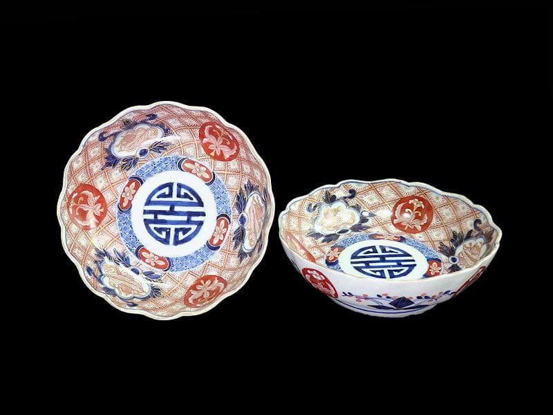 古伊万里　金襴手　菊花四方襷紋に吉祥紋の図　膾皿　2客　D960AS-fbtt