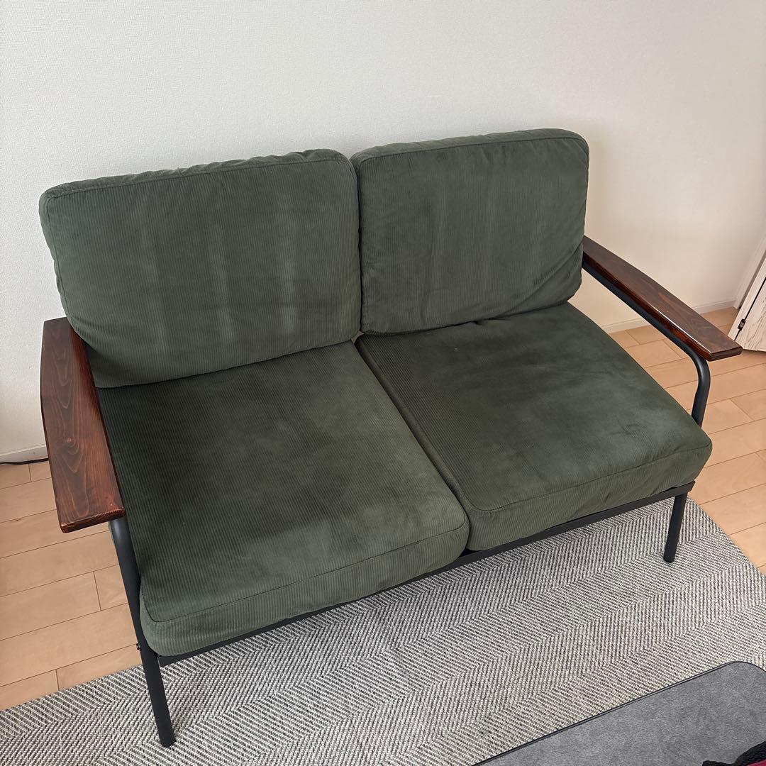 オリーブグリーン コーデュロイ 2人掛けソファ　アンティーク値下げ