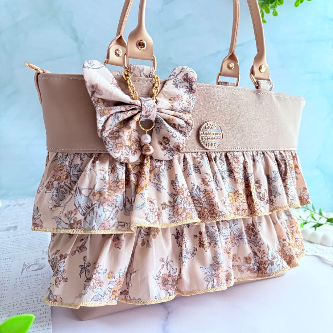 フ*ク様 ウォールナッツ×フェイクレザー ダブルフリルトートバッグ☆.*˚