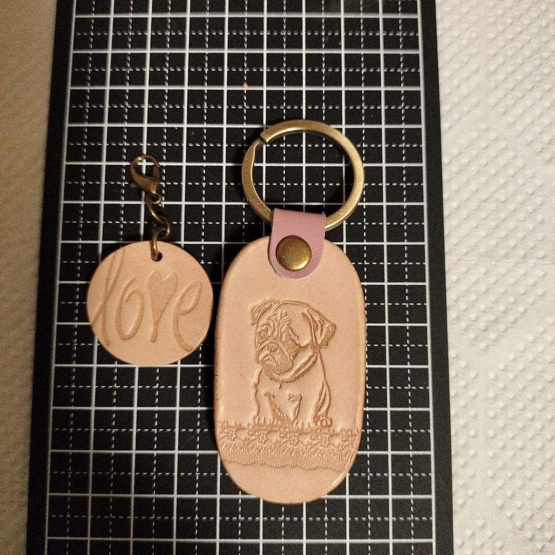 本革レザー犬キーホルダーキーリングハンドメイドレザークラフト推しわん