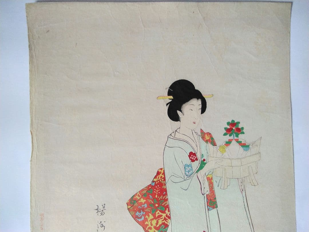 浮世絵　「徳川時代　貴婦人の図　金魚」楊洲周延　３枚続