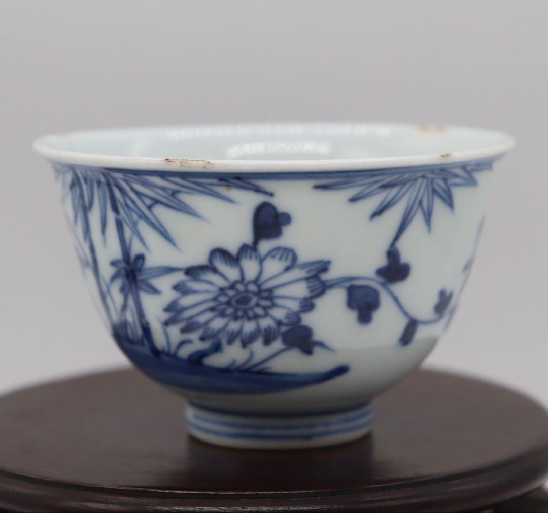 中国　清時代早期　染付竹紋湯呑み　茶器　送料込み251002