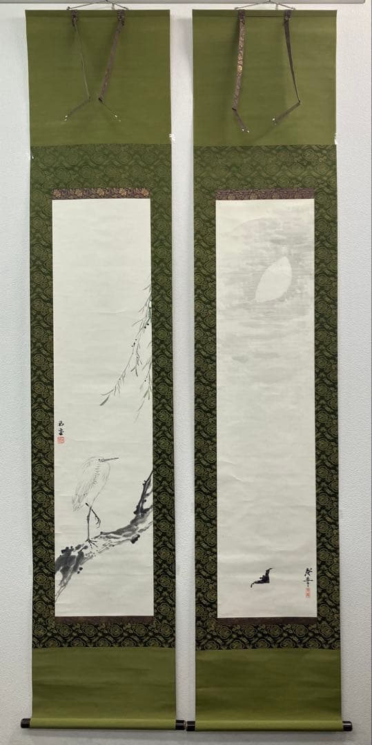 川合玉堂／寺崎工業（シロサギ／コウモリ）花鳥 画　紙本　双幅　掛軸