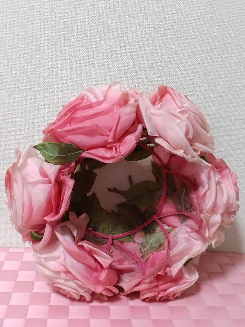 アンティーク フランス ピンク 薔薇の布花 小物入れ