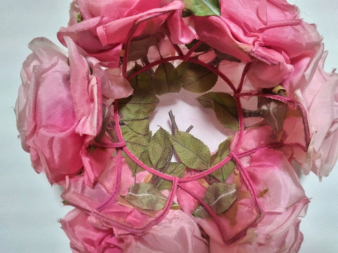 アンティーク フランス ピンク 薔薇の布花 小物入れ