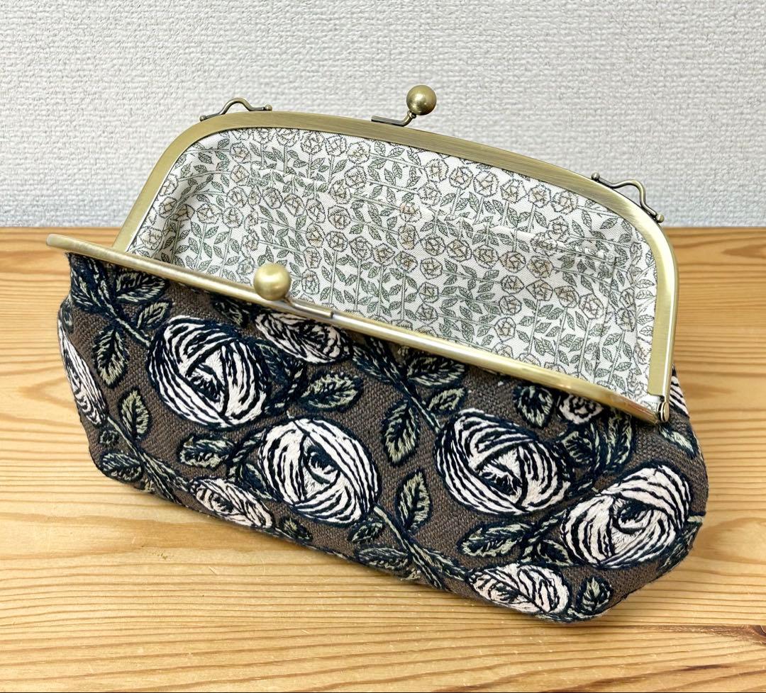 ハンドメイド がま口バッグ ポーチ クラッチ rosy ブラウン　ミナペルホネン
