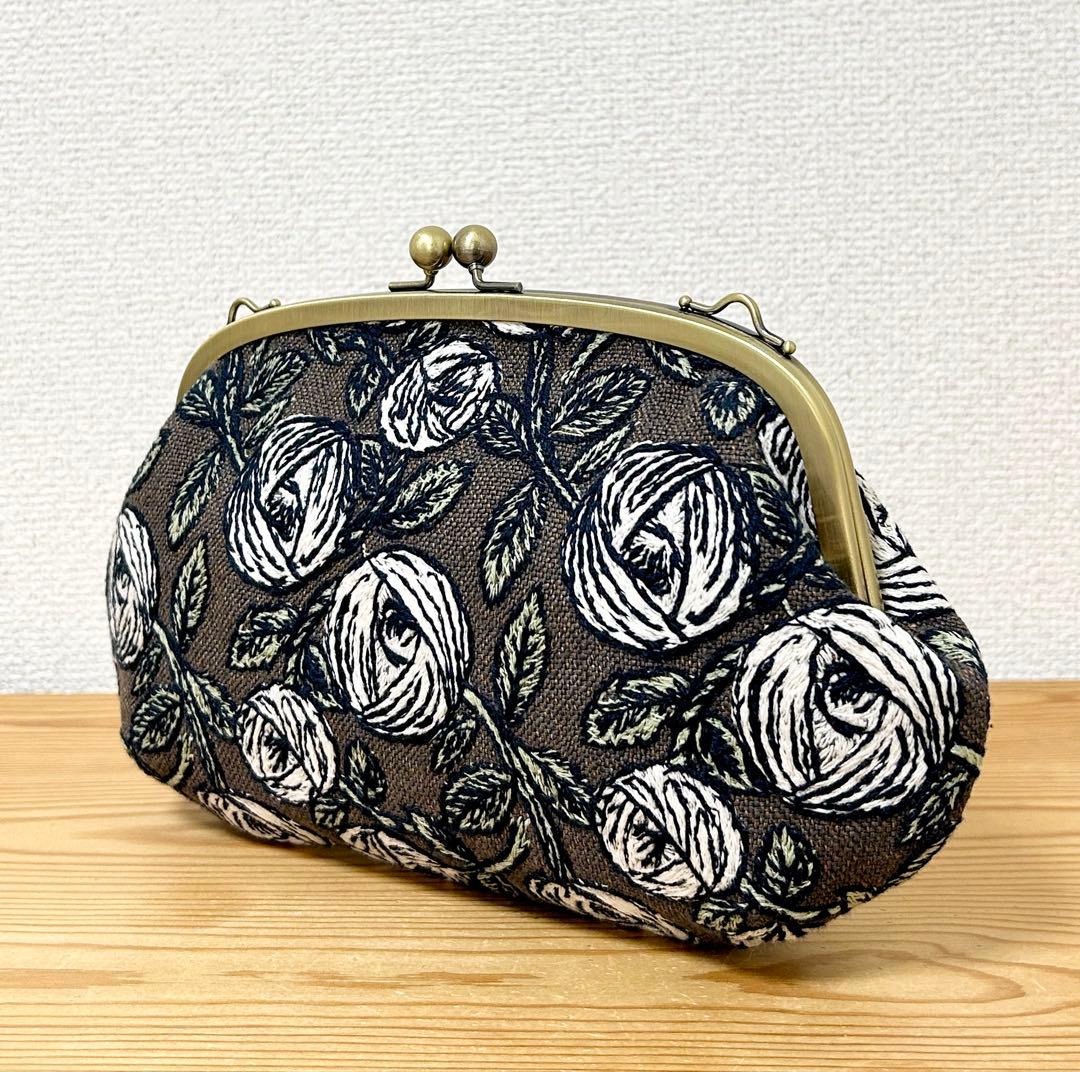 ハンドメイド がま口バッグ ポーチ クラッチ rosy ブラウン　ミナペルホネン