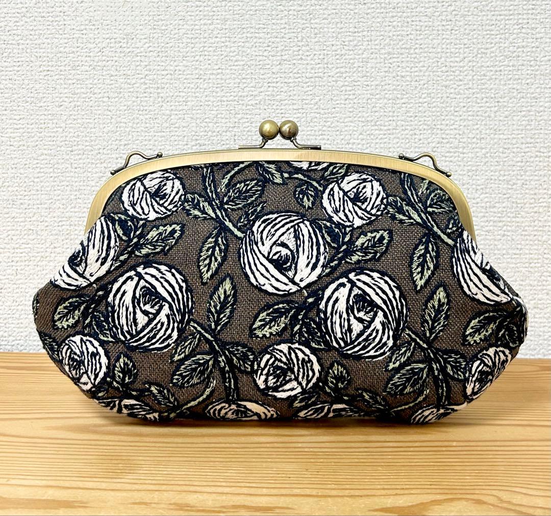 ハンドメイド がま口バッグ ポーチ クラッチ rosy ブラウン　ミナペルホネン