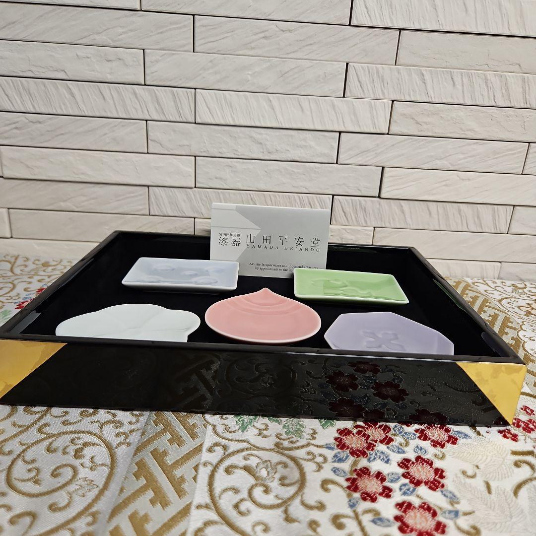 山田平安堂　漆器　隅金・日月　&　虎屋　豆皿　5枚セット　新品・未使用