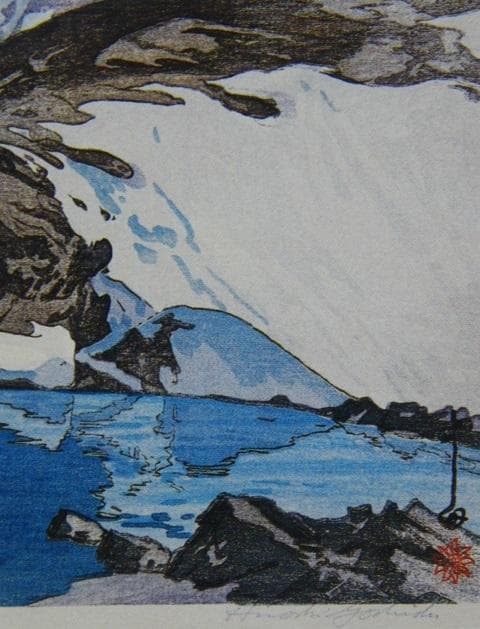 吉田博、【ブライトホルン山】、希少画集画、高級新品額・額装付、状態美麗