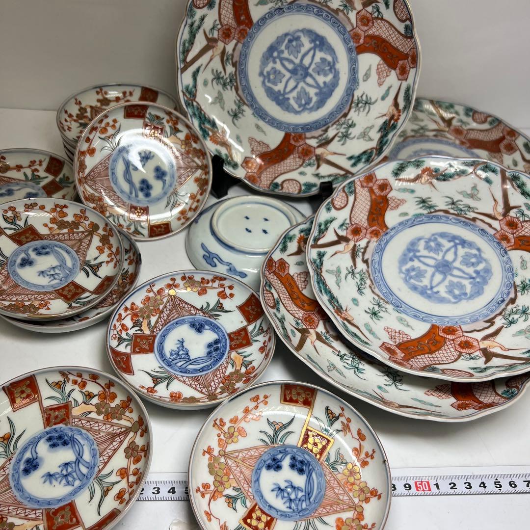 古伊万里　赤絵中皿小皿セット　直径12/21.5cm 東K8-0312①