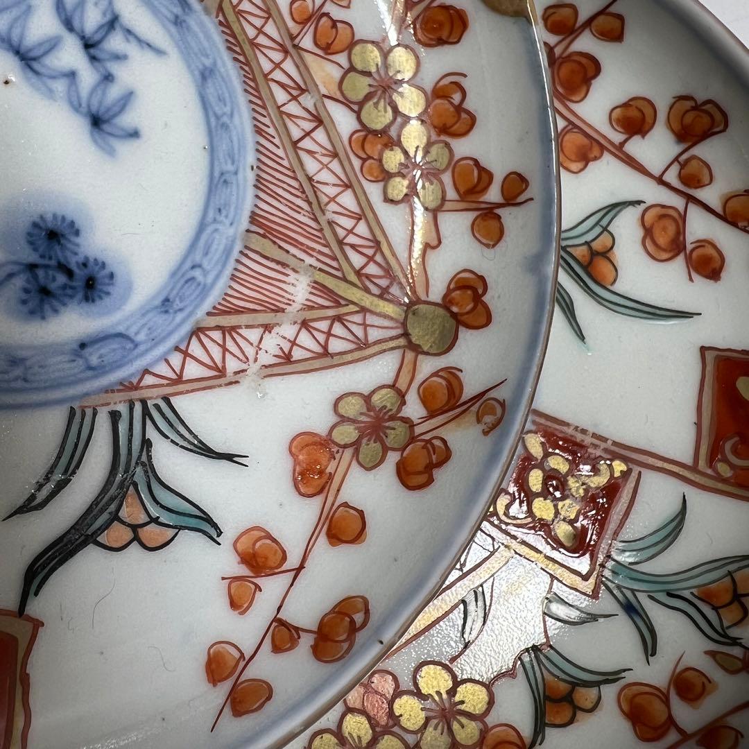 古伊万里　赤絵中皿小皿セット　直径12/21.5cm 東K8-0312①