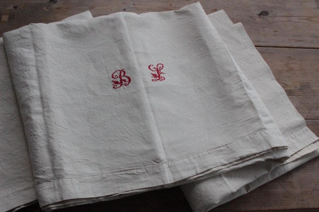 フランスアンティークイニシャル“BL”シーツモノグラム刺繍
