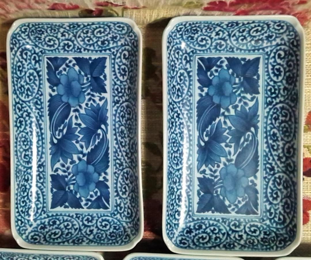 新品箱入5客 龍峰窯 牡丹柄 染付古伊万里焼物皿 長皿