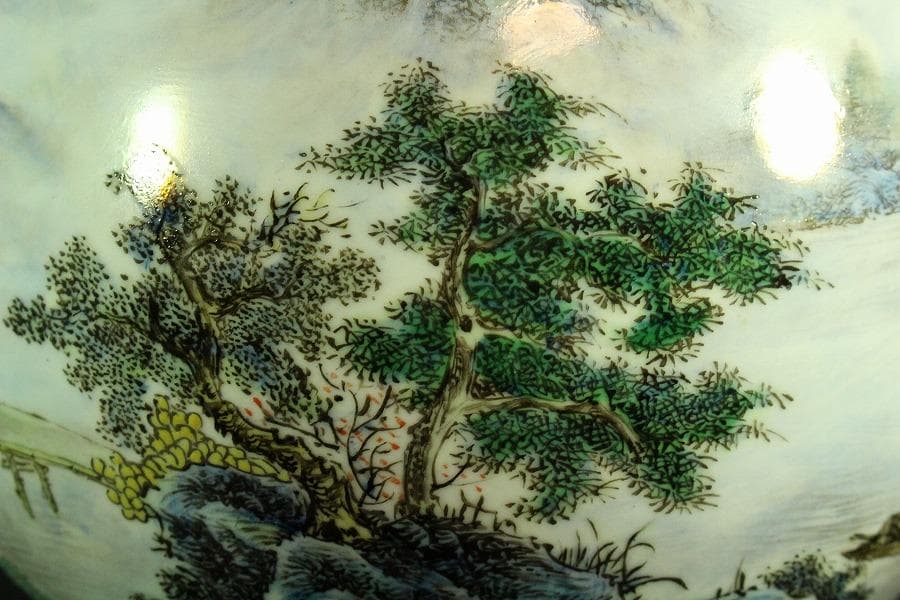 中国美術 色絵粉彩 山水画 題詞 瓶 景徳鎮 書 在銘(K-YC686)