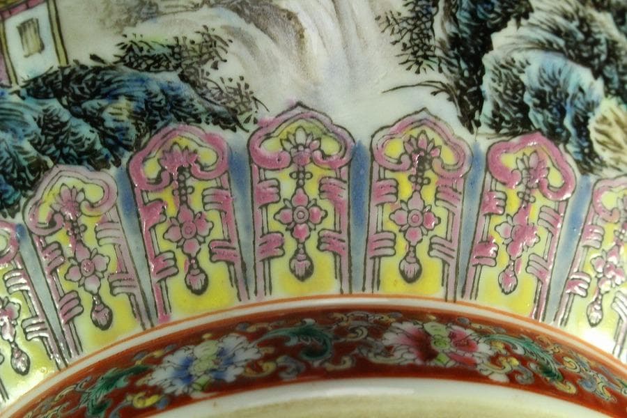 中国美術 色絵粉彩 山水画 題詞 瓶 景徳鎮 書 在銘(K-YC686)