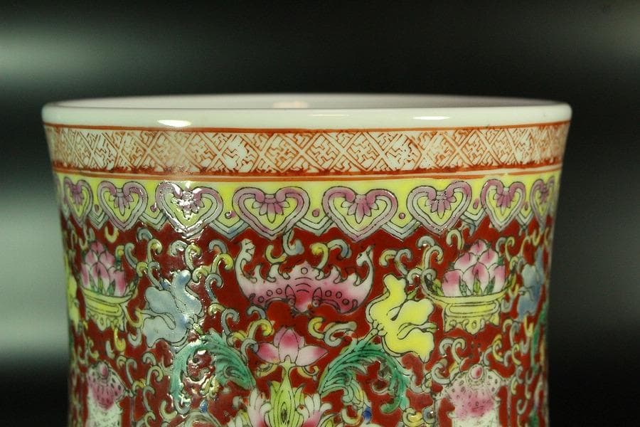 中国美術 色絵粉彩 山水画 題詞 瓶 景徳鎮 書 在銘(K-YC686)