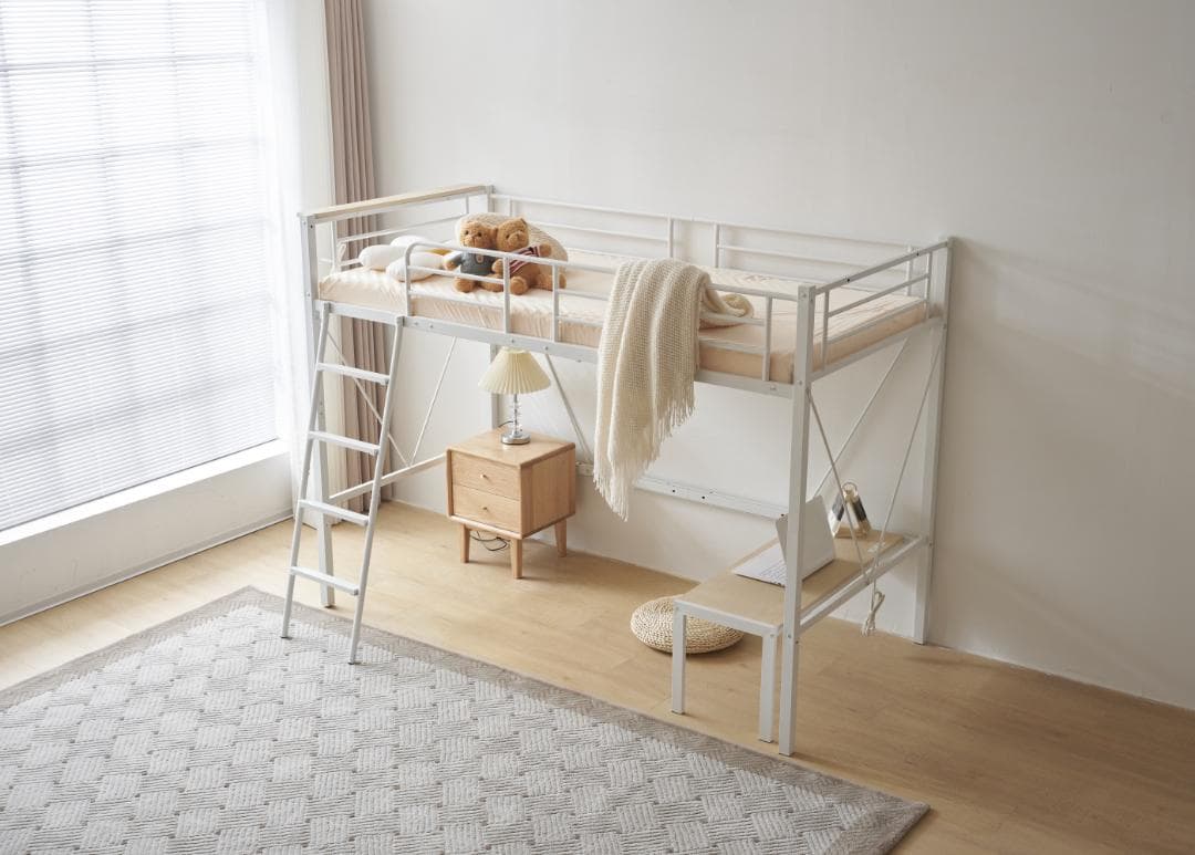 激安！ロフトベッド（S）コンセント付き 子供部屋 スチール 耐震 WHITE