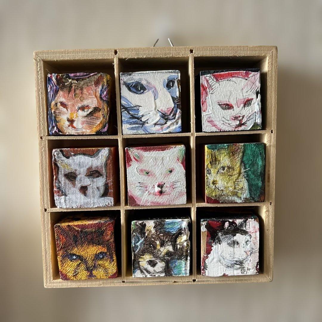 猫の顔の木製立方体アート　アクリル　水彩9個