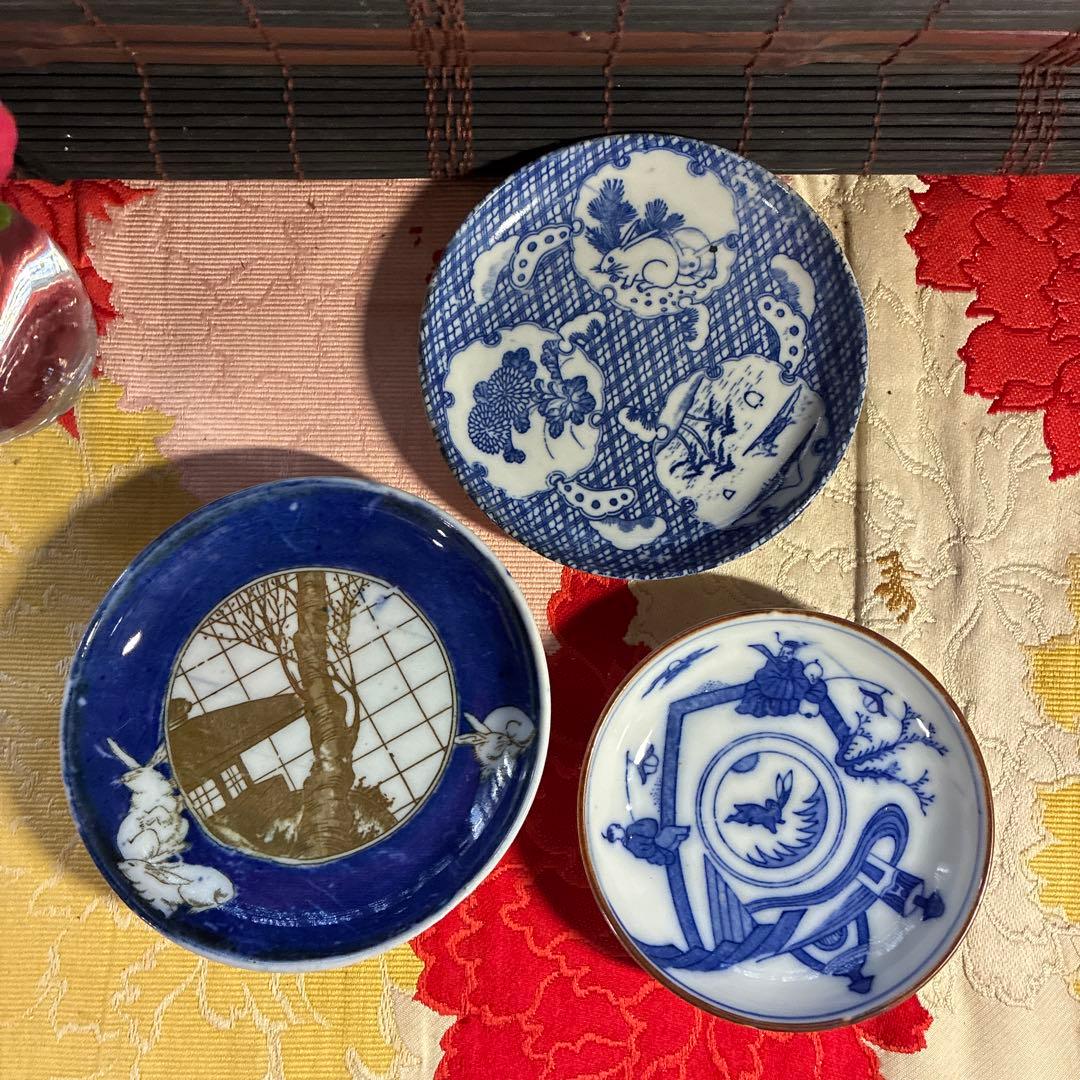 骨董　古伊万里　印判手　図変わり印判　雪割り窓絵　ウサギ　よろけ縞　１客