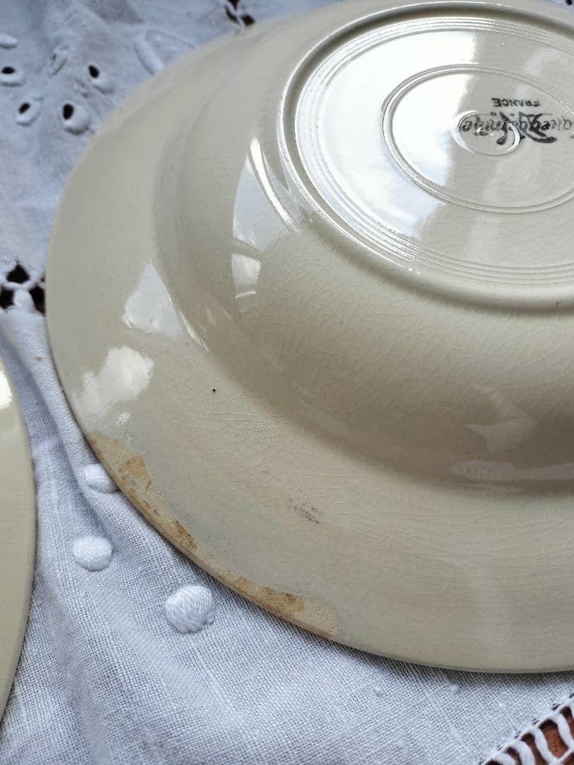 アンティーク　フランス　クリーム色　陶器　サルグミンヌ　深皿3枚セット　美品