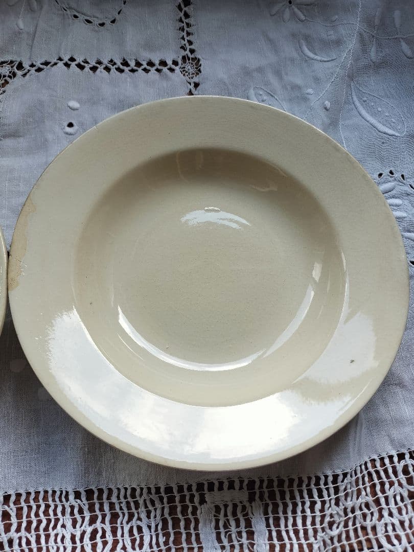 アンティーク　フランス　クリーム色　陶器　サルグミンヌ　深皿3枚セット　美品