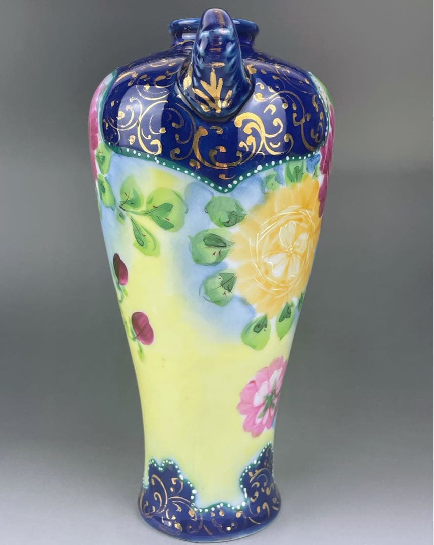 【希少】オールドニッポン 約２２．５cm アールヌーボー薔薇紋金盛りコバルト花瓶