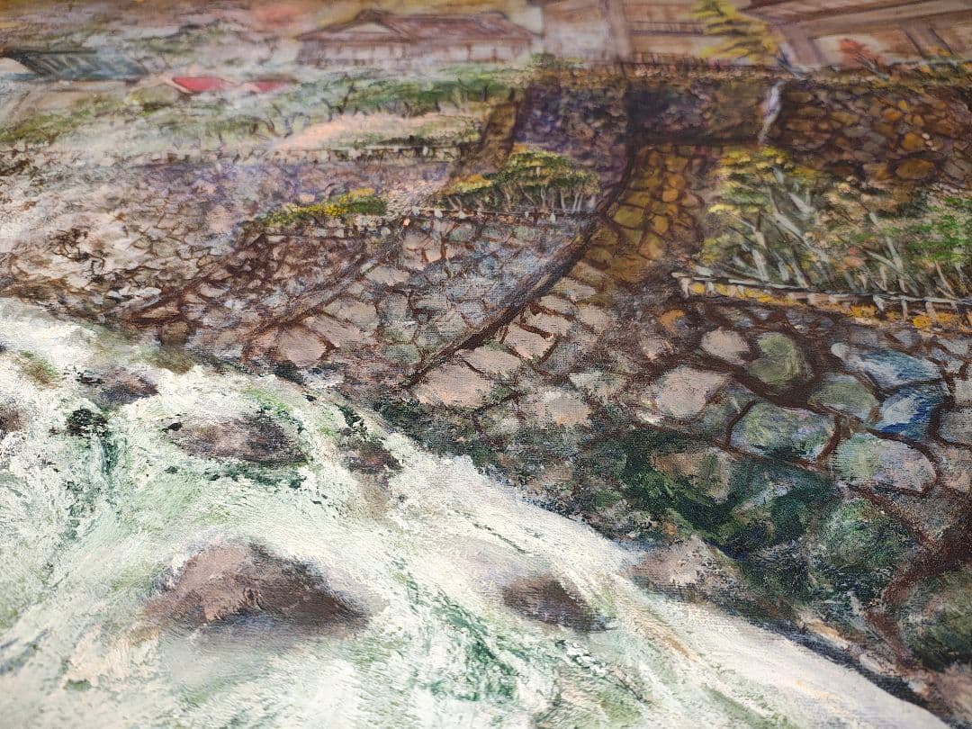 F30号 大型 油絵【旅情 温泉街 昭和レトロ】ヴィンテージ木製額縁付 店舗什器