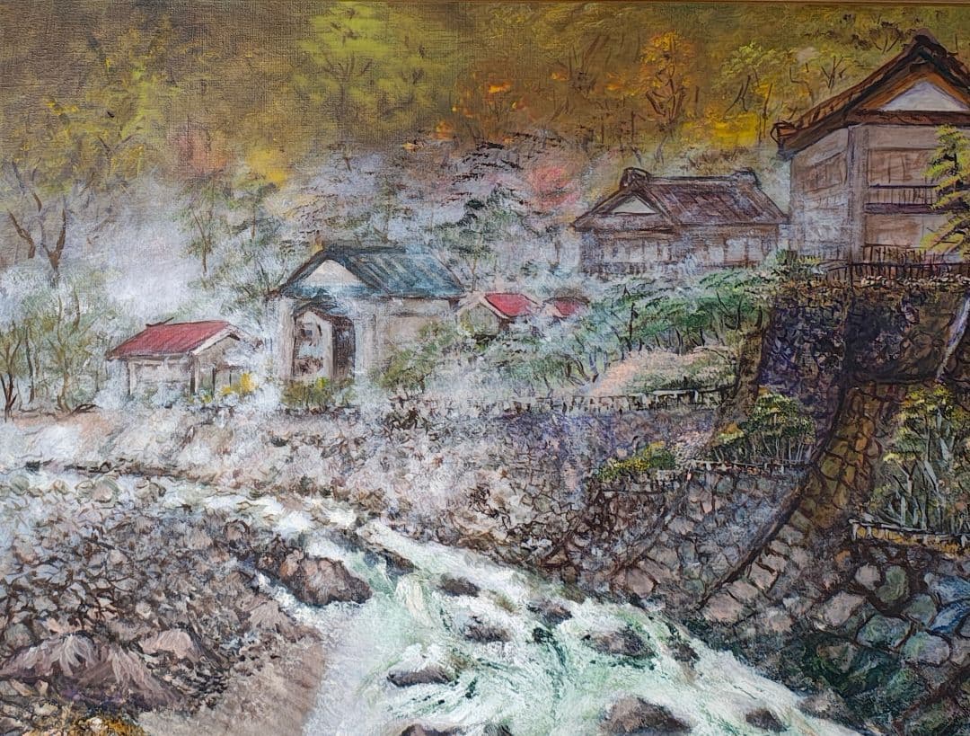 F30号 大型 油絵【旅情 温泉街 昭和レトロ】ヴィンテージ木製額縁付 店舗什器