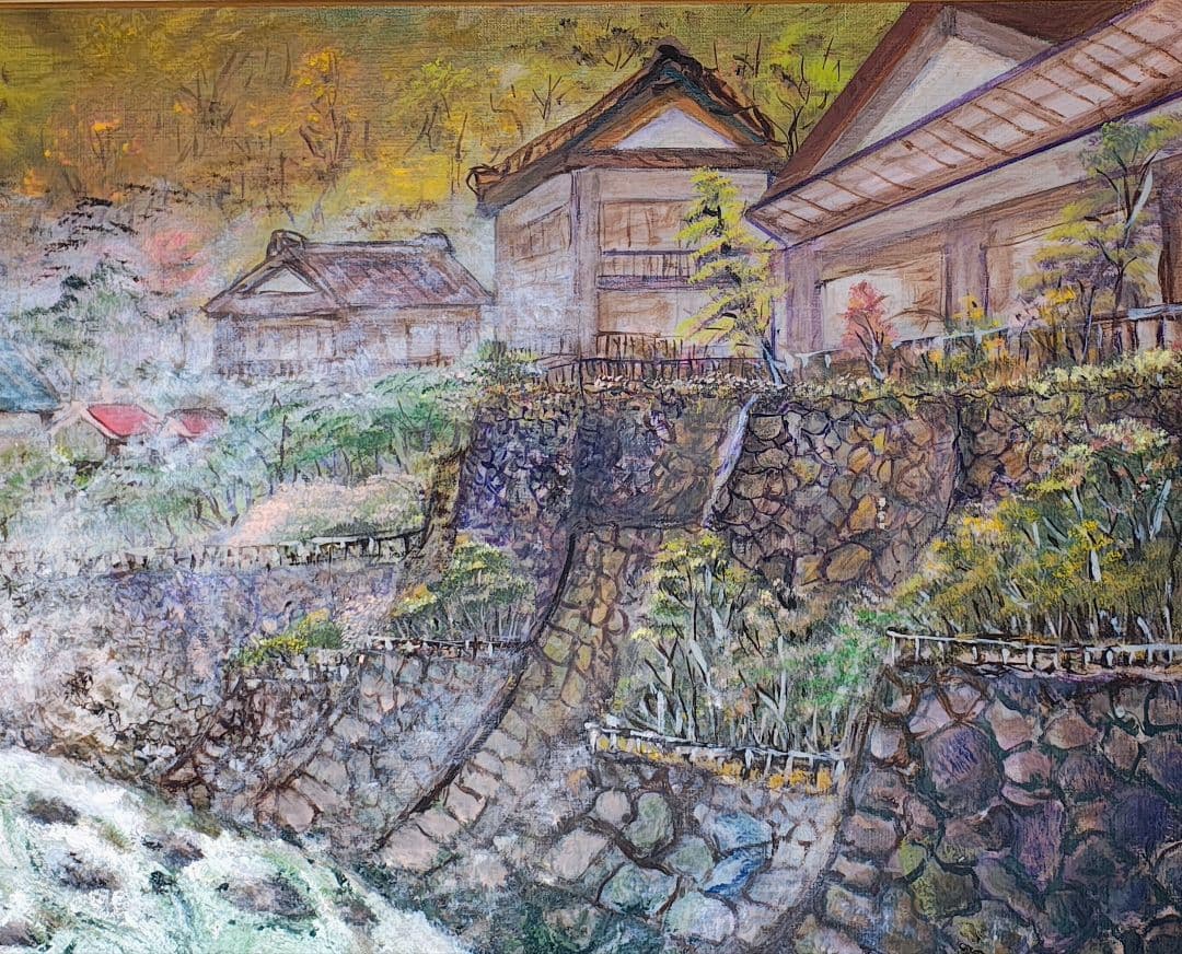 F30号 大型 油絵【旅情 温泉街 昭和レトロ】ヴィンテージ木製額縁付 店舗什器