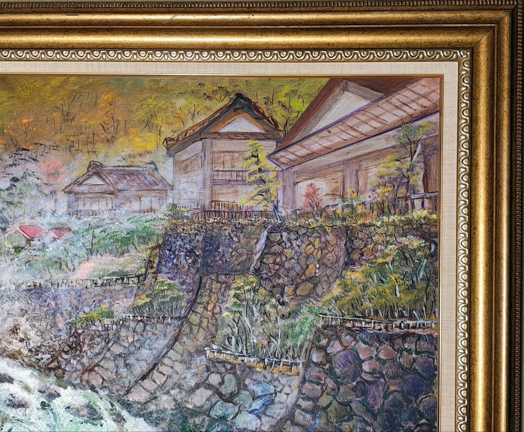 F30号 大型 油絵【旅情 温泉街 昭和レトロ】ヴィンテージ木製額縁付 店舗什器