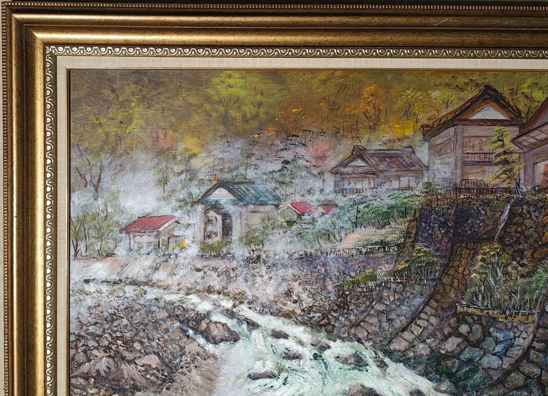 F30号 大型 油絵【旅情 温泉街 昭和レトロ】ヴィンテージ木製額縁付 店舗什器