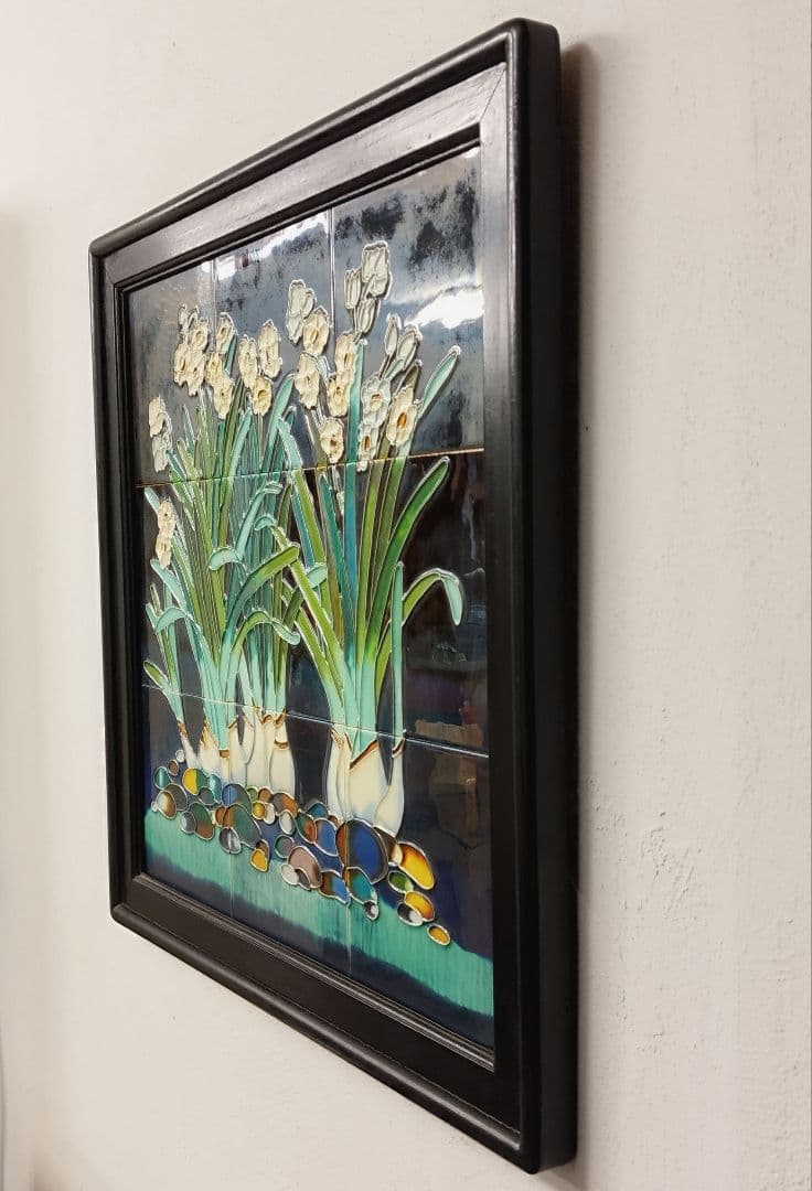 中国美術 唐彩 水仙 陶板 陶額 木製フレーム