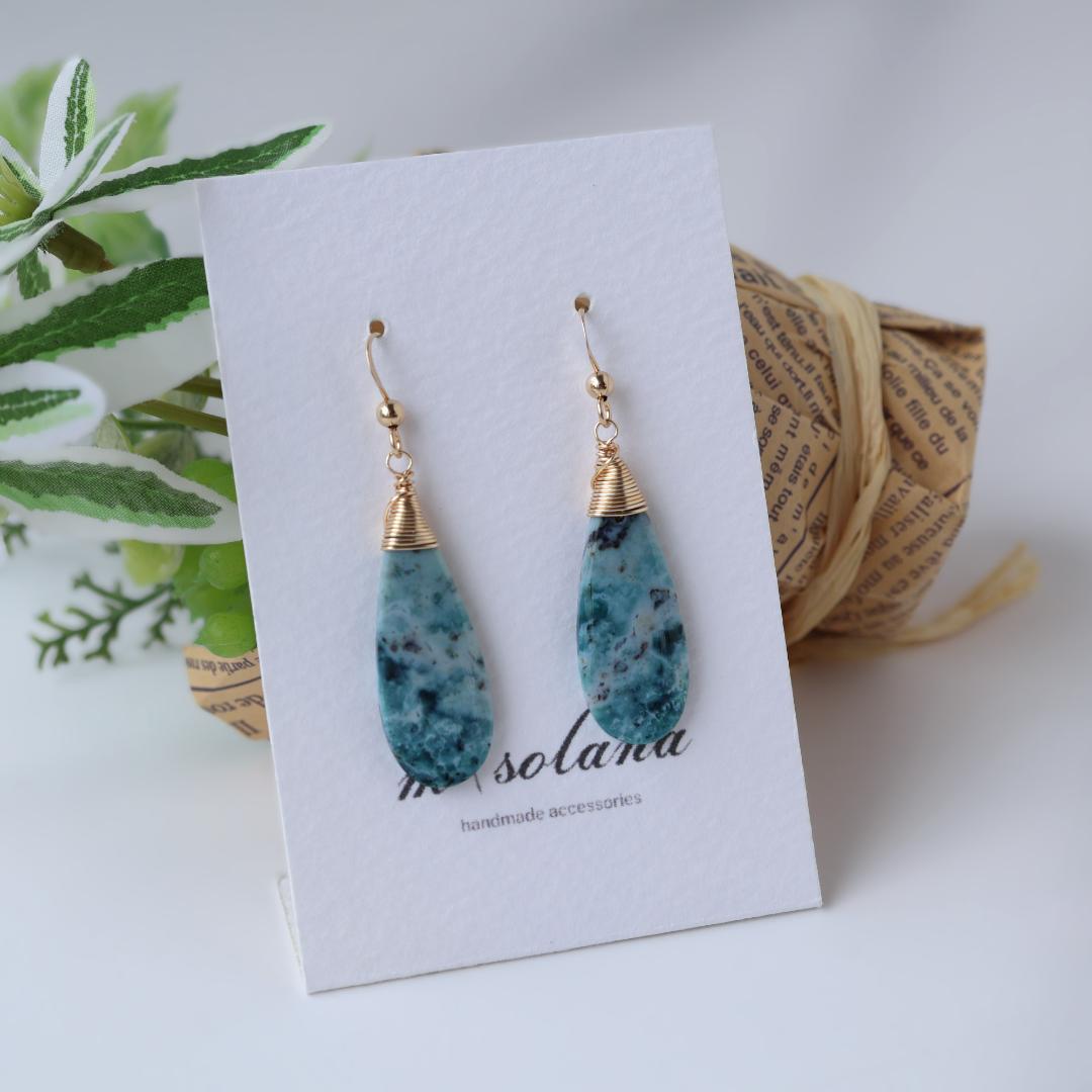 クリソコラピアス/イヤリング　14kgfピアス　大ぶりピアス　ブルー　波　夏　旅