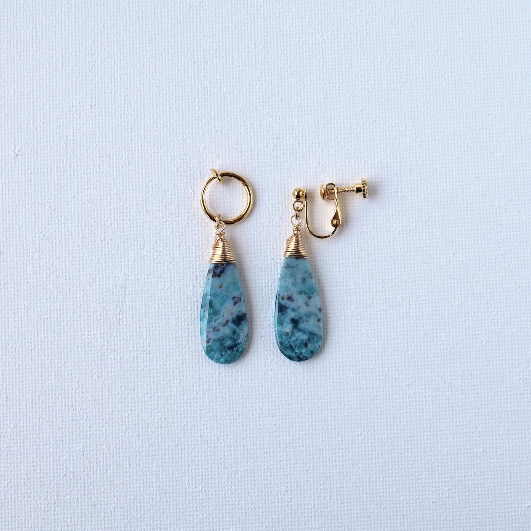 クリソコラピアス/イヤリング　14kgfピアス　大ぶりピアス　ブルー　波　夏　旅