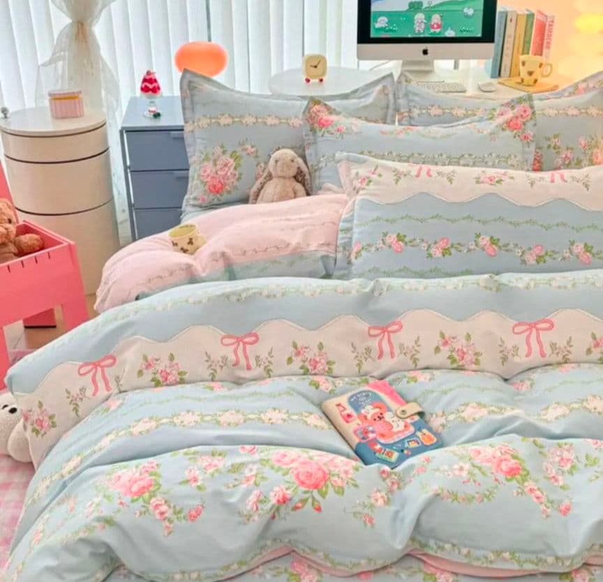 新品★薔薇小花ガーランド可憐リボン柄綿100%シングル掛け布団カバー枕カバー3点